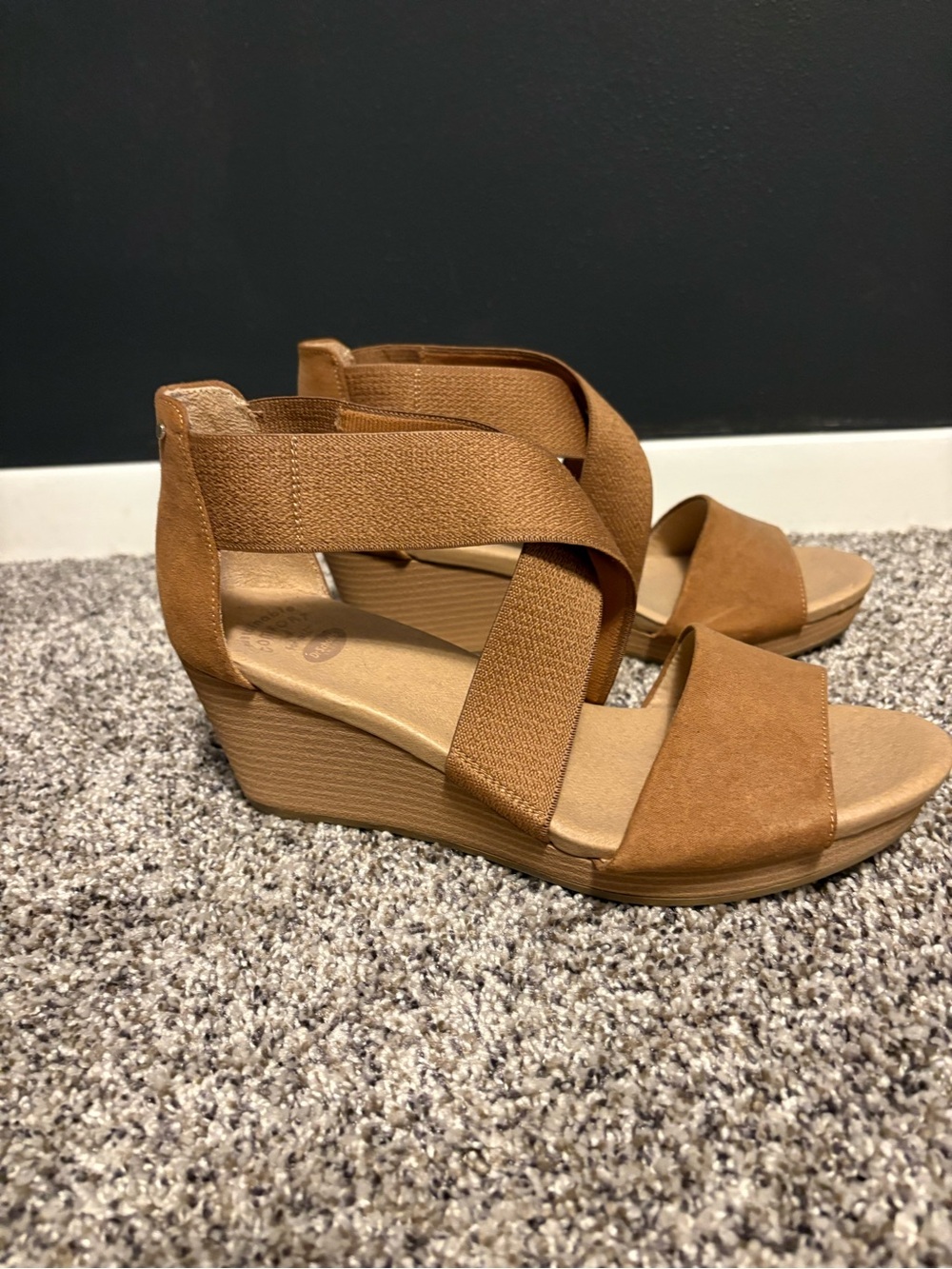 Dr. Scholl's Cognac Elastic Cross Strap Wedge Sandals